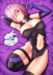  1girl armpits bangs bare_shoulders black_legwear breasts cleavage commentary_request elbow_gloves eyebrows_visible_through_hair eyes_visible_through_hair fate/grand_order fate_(series) fou_(fate/grand_order) gloves hair_over_one_eye large_breasts lavender_hair looking_at_viewer lying mash_kyrielight navel navel_cutout on_back parted_lips purple_eyes short_hair solo teeth thighhighs thighs zukky 