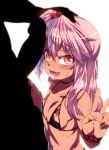  1boy 1girl bangs bare_shoulders blush breasts chloe_von_einzbern choker collarbone dark_skin erection eyelashes fate/kaleid_liner_prisma_illya fate_(series) hair_between_eyes hair_bobbles hair_ornament hetero highres long_hair looking_at_viewer micro_bikini_top one_side_up orange_eyes penis petting pink_hair scrunchie simple_background small_breasts smile sweat tan tasaka_shinnosuke v white_background wrist_scrunchie 