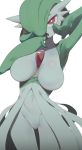  1girl arm_up armpits ass_visible_through_thighs bangs blush breasts collarbone commentary_request cowboy_shot gardevoir gen_3_pokemon green_hair green_skin hair_over_one_eye hand_up jpeg_artifacts kamaboko_(ossann0125) large_breasts looking_at_viewer navel no_humans no_nipples no_pussy open_mouth pokemon pokemon_(creature) red_eyes shiny shiny_hair shiny_skin short_hair simple_background solo standing stomach thigh_gap two-tone_skin white_background white_skin 