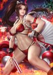  1girl absurdres bra breasts brown_hair fan fatal_fury fire highres large_breasts lingerie ninja nudtawut_thongmai paid_reward panties patreon_reward shiranui_mai snk the_king_of_fighters underwear 