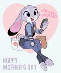  anthro beverage buckteeth cellphone cheek_tuft clothed clothing dipstick_ears disney english_text facial_tuft fully_clothed fur grey_body grey_fur head_tuft heart_background holding_cellphone holding_object holding_phone judy_hopps lagomorph leporid mammal multicolored_ears open_mouth open_smile paper_bag phone police_uniform rabbit rikuta_tp sitting smile solo teeth text tuft uniform zootopia 