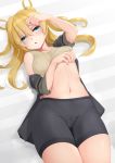  1girl abukuma_(kantai_collection) bike_shorts blonde_hair blue_eyes blush breasts double_bun hair_between_eyes hair_rings kantai_collection long_hair lying medium_breasts navel ne_an_ito on_back open_mouth remodel_(kantai_collection) school_uniform short_sleeves skirt solo thighs twintails 