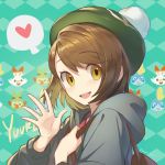  1girl backpack bag brown_eyes brown_hair character_name gen_8_pokemon grookey heart highres hood pokemon pokemon_(game) pokemon_swsh riri_(artist) scorbunny sobble tam_o&#039;_shanter waving yuuri_(pokemon) 