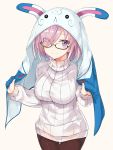  1girl :&lt; absurdres animal_ears black-framed_eyewear blush breasts brown_legwear bunny_ears cape closed_mouth cowboy_shot dress eyebrows_visible_through_hair eyes_visible_through_hair fake_animal_ears fate/grand_order fate_(series) fou_(fate/grand_order) glasses hair_over_one_eye highres large_breasts long_sleeves looking_at_viewer mash_kyrielight pantyhose pink_hair purple_eyes semi-rimless_eyewear shiny shiny_hair short_hair simple_background smile solo sweater sweater_dress takehana_note thigh_gap turtleneck turtleneck_sweater under-rim_eyewear white_sweater yellow_background 