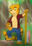  2019 absurd_res anthro axe biped bottomwear clothed clothing day detailed_background digital_media_(artwork) felid forest fur grass green_eyes hair hi_res looking_at_viewer lumberjack male malle_yeno mammal melee_weapon muscular muscular_male orange_body orange_fur outside pantherine pants pecs plaid shirt solo standing striped_body striped_fur stripes tiger topwear tree weapon white_body white_fur 