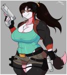  breasts canid canine canis cleavage clothed clothing cosplay domestic_dog eyewear female gun jwinkz lara_croft mammal ranged_weapon smile solo sunglasses tomb_raider weapon 