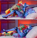  3d_(artwork) absurd_res blue_body blue_fur canid canine clothed clothing digital_media_(artwork) duo female fox fox_mccloud fur hi_res kissing krystal lying male mammal missionary_position nintendo on_back sex star_fox video_games whitestarfoxline 