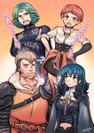  2boys 2girls ? angry blue_hair byleth_(fire_emblem) byleth_(fire_emblem)_(female) confused crossed_arms fire_emblem fire_emblem:_three_houses garreg_mach_monastery_uniform green_eyes green_hair hands_on_hips highres jeralt_reus_eisner jinno_shigure leonie_pinelli multiple_boys multiple_girls orange_eyes orange_hair seteth_(fire_emblem) shield translation_request 