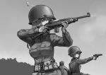  2girls canteen casing_ejection erica_(naze1940) gun handgun helmet holding holding_gun holding_weapon long_hair m1_carbine magazine_(weapon) military military_uniform monochrome multiple_girls original rifle shell_casing short_hair soldier uniform weapon world_war_ii 