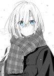  1girl ahoge bag blue_eyes check_commentary coat commentary_request eyes_visible_through_hair highres holding holding_bag looking_at_viewer monochrome original plaid plaid_scarf pov scarf shiime snowing solo spot_color upper_body white_background 