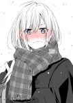  1girl ahoge bag blue_eyes blush check_commentary coat commentary_request ear_blush embarrassed eyes_visible_through_hair full-face_blush highres holding holding_bag looking_at_viewer original plaid plaid_scarf pov scarf shiime snowing solo spot_color upper_body white_background 