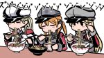  3girls anchor anchor_hair_ornament bangs bismarck_(kantai_collection) blonde_hair blush blush_stickers bowl breasts capelet chopsticks closed_eyes detached_sleeves eating food graf_zeppelin_(kantai_collection) hair_ornament hat holding holding_chopsticks kantai_collection long_hair long_sleeves multiple_girls noodles peaked_cap prinz_eugen_(kantai_collection) simple_background terrajin twintails white_background 