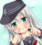  1girl anchor_symbol bangs black_headwear black_sailor_collar blue_eyes blush closed_mouth collarbone commentary_request eyebrows_visible_through_hair fingersmile flat_cap grey_hair hair_between_eyes hat hibiki_(kantai_collection) highres kantai_collection long_hair long_sleeves looking_at_viewer oshiruko_(uminekotei) sailor_collar school_uniform serafuku shirt smile solo upper_body white_shirt 