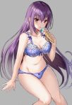  1girl arm_support blue_bra blue_panties bow bow_bra bow_panties bra breasts cleavage fate/grand_order fate_(series) food greyscale groin harimoji ice_cream invisible_chair large_breasts monochrome panties purple_hair red_eyes scathach_(fate)_(all) scathach_skadi_(fate/grand_order) sitting solo underwear 