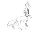  2019 beastars beastbehavior black_and_white bottomless canid canid_taur canine canine_taur canis chest_tuft claws clothed clothing eyebrows fluffy fluffy_tail greyscale legosi_(beastars) male mammal mammal_taur monochrome necktie rolled_up_sleeves shirt side_view simple_background solo suspenders taur topwear tuft white_background wolf wolf_taur 