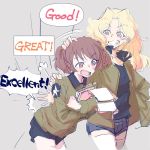  2girls afterimage alisa_(girls_und_panzer) bangs black_shirt black_shorts blonde_hair blue_eyes blue_shorts brown_eyes brown_hair brown_jacket commentary denim denim_shorts emblem english_text eyebrows_visible_through_hair freckles frown girls_und_panzer grey_background grin hair_intakes hair_ornament hand_in_pocket hand_on_another&#039;s_back hand_on_another&#039;s_head hand_on_another&#039;s_shoulder jacket kay_(girls_und_panzer) leaning_forward long_hair long_sleeves looking_at_another military military_uniform mituki_(mitukiiro) motion_lines multiple_girls open_clothes open_jacket open_mouth saunders_military_uniform shirt short_hair short_shorts short_twintails shorts sketch smile standing star star_hair_ornament thighhighs twintails uniform white_legwear 