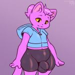 2019 4_fingers anthro balls black_nose bulge clothed clothing domestic_cat felid feline felis fingers fluffyfrumples fur hair half-closed_eyes hoodie looking_down male mammal midriff narrowed_eyes navel partially_clothed penis purple_body purple_fur slightly_chubby smile solo spats standing thick_thighs topwear wide_hips yellow_sclera 