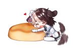  1girl :3 ahoge animal_ears blonde_hair brown_hair chibi closed_eyes dog_ears dog_girl dog_tail fang food full_body hachiko_of_castling heart kbn317 last_origin maid maid_headdress multicolored_hair oversized_food simple_background smile solo tail tail_wagging thighhighs two-tone_hair white_background white_legwear 