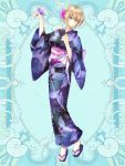  1girl animal_print blonde_hair blue_background breasts butterfly_on_hand butterfly_print commission flower full_body hair_flower hair_ornament hand_up hi-na1 japanese_clothes kerberos_blade kimono looking_at_viewer medium_breasts obi purple_butterfly sandals sash short_hair solo standing 
