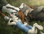  2019 4_toes 5_fingers anthro barefoot beastars brown_eyes canid canine canis cervid clothed clothing day detailed_background digital_media_(artwork) female fingers fur grass grey_body grey_eyes grey_fur haru_(beastars) lagomorph legosi_(beastars) leporid louis_(beastars) lying male mammal on_back outside rabbit rukis smile toes wolf 