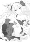 1girl :t animal_ears azur_lane bangs bare_shoulders bell blush bow breasts bunny_ears cake closed_mouth commentary_request dress earmuffs eating eyebrows_visible_through_hair food food_on_face fork fruit fur-trimmed_dress fur-trimmed_legwear fur_trim greyscale hair_between_eyes hair_bow highres holding holding_fork holding_plate knees_up laffey_(azur_lane) long_hair monochrome panties peko plate shoe_soles shoes simple_background sleeveless sleeveless_dress slice_of_cake small_breasts solo strap_slip strawberry striped striped_panties twintails underwear very_long_hair white_background 
