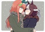  2girls :o animal_ears bangs blue_eyes blue_jacket blush breath brown_hair brown_scarf closed_mouth commentary_request ensaiburi eye_contact eyebrows_visible_through_hair green_jacket grey_background grey_scarf hair_between_eyes hairband horse_ears jacket long_hair long_sleeves looking_at_another multicolored_hair multiple_girls parted_lips plaid plaid_scarf profile purple_eyes scarf silence_suzuka sleeves_past_wrists smile special_week streaked_hair two-tone_background umamusume white_background white_hair white_hairband 