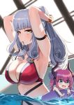  2girls :d absurdres arm_strap armpits arms_up bikini blue_eyes blurry bracelet breasts carmilla_(swimsuit_rider)_(fate) chibi cleavage curly_hair elizabeth_bathory_(fate) elizabeth_bathory_(fate)_(all) fate/grand_order fate_(series) hair_tie_in_mouth highres horns innertube jewelry jjeono large_breasts long_hair looking_at_viewer mouth_hold multiple_girls open_mouth partially_submerged pink_hair pool red_bikini silver_hair smile swimsuit water yellow_eyes 
