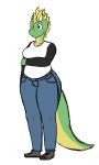  anthro biped blonde_hair bottomwear breasts brown_eyes clothed clothing curvy_figure digitalpelican dragon female footwear fully_clothed green_body green_scales hair horn jeans long_tail mohawk_(hairstyle) non-mammal_breasts pants sasha_(digitalpelican) scales scalie shirt shoes slightly_chubby solo thick_tail thick_thighs topwear voluptuous wide_hips 