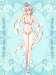  1girl bikini blonde_hair blue_background breasts cleavage crown full_body hand_on_hip hand_up hi-na1 kerberos_blade large_breasts looking_at_viewer mini_crown navel sandals short_hair simple_background solo standing swimsuit white_bikini 