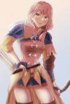 1girl arrow blush bow_(weapon) breasts cowboy_shot fire_emblem fire_emblem:_three_houses highres holding holding_weapon leonie_pinelli looking_at_viewer mutsuwo_gbf orange_eyes orange_hair quiver shield short_hair side_ponytail smile solo standing weapon 