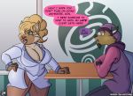  2018 beth_callaway big_breasts breasts clothed clothing coffee_shop duo female herpestid hyaenid male mammal mature_female mongoose sketchybug will_delrio_(sketchybug) 