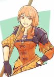  1girl breasts eyebrows_visible_through_hair fire_emblem fire_emblem:_three_houses gloves hand_in_pocket highres leonie_pinelli medium_breasts open_mouth orange_eyes orange_hair partly_fingerless_gloves polearm short_hair side_ponytail solo spear weapon 
