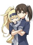  2girls bangs behind_another blonde_hair blue_eyes blue_shirt blush breast_pocket breasts brown_eyes brown_hair crossed_arms employee_uniform eyebrows_visible_through_hair gambier_bay_(kantai_collection) hairband highres kaga_(kantai_collection) kantai_collection lawson long_hair medium_breasts multiple_girls name_tag negahami pocket ponytail shirt side_ponytail simple_background striped striped_shirt tearing_up tears uniform vertical-striped_shirt vertical_stripes white_background 