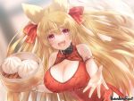  1girl :d animal_ear_fluff animal_ears armlet bad_arm bamboo_steamer baozi blonde_hair blurry blurry_background bow bracelet breasts china_dress chinese_clothes cleavage_cutout copyright_name dress fang food fox_ears fox_tail jewelry large_breasts leaning_forward neck_belt official_art open_mouth outstretched_hand pandora_party_project red_bow red_eyes smile solo standing tail tukune watermark 