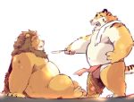  2019 angry anthro asian_clothing belly clothing duo east_asian_clothing felid fundoshi garouzuki humanoid_hands japanese_clothing lion male mammal navel overweight overweight_male pantherine sitting tiger underwear 