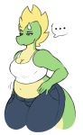  anthro belly big_belly biped blonde_hair bottomwear bra breasts brown_eyes clothing curvy_figure digitalpelican dragon female green_body green_scales hair horn jeans mohawk_(hairstyle) non-mammal_breasts pants sasha_(digitalpelican) scales scalie simple_background slightly_chubby solo thick_tail thick_thighs underwear voluptuous wide_hips 
