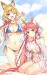  2girls ahoge animal_ear_fluff animal_ears ass_visible_through_thighs bangs bare_shoulders beach_umbrella bikini blonde_hair blue_bikini blurry blurry_background blush bow breasts brown_eyes cleavage closed_mouth collarbone commentary_request cosplay criss-cross_halter day earrings eyebrows_visible_through_hair fate/extra fate/grand_order fate_(series) fingernails fox_ears green_eyes groin hair_between_eyes hair_bow hair_intakes halterneck hand_up heart highres jewelry large_breasts long_hair looking_at_viewer low_twintails multiple_girls navel nero_claudius_(fate) nero_claudius_(fate)_(all) nero_claudius_(swimsuit_caster)_(fate) nero_claudius_(swimsuit_caster)_(fate)_(cosplay) one_eye_closed open_mouth outdoors pink_hair puffy_short_sleeves puffy_sleeves round_teeth see-through seiza shiny shiny_hair shiny_skin short_sleeves side-tie_bikini sitting smile striped striped_bikini sweat swimsuit tamamo_(fate)_(all) tamamo_no_mae_(fate) tamamo_no_mae_(swimsuit_lancer)_(fate) tamamo_no_mae_(swimsuit_lancer)_(fate)_(cosplay) teeth tomozero towel twintails umbrella upper_teeth very_long_hair white_bow 