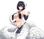  1girl bangs bare_shoulders black_gloves black_hair breasts bridal_gauntlets collarbone elbow_gloves eyebrows_visible_through_hair gloves hair_between_eyes highres lamia large_breasts looking_at_viewer monster_girl navel original pelvic_curtain pointy_ears purple_eyes scales short_hair simple_background solo stomach sub-res white_background 