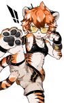  ! 2019 4_fingers 4_toes absurd_res anthro arknights barefoot black_body black_fur black_hair bodily_fluids bottomwear bra breasts clothed clothing eyewear feet felid female fighting_pose fingerless_gloves fingers fist fur glasses gloves hair handwear hi_res mammal menthak0 midriff multicolored_body multicolored_fur multicolored_tail navel open_mouth orange_body orange_eyes orange_fur orange_hair pantherine pawpads paws pose short_hair shorts simple_background small_breasts solo striped_body striped_fur stripes sweat tiger toes underwear video_games waaifu white_background white_body white_fur white_hair wristband 