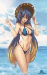  1girl alternate_hair_color arcade_sona bangle bikini blue_bikini blue_eyes blue_hair blue_nails bracelet breasts cal_(pmgdd) cleavage criss-cross_halter day earrings food hair_ribbon halterneck hat highres jewelry large_breasts league_of_legends long_hair multicolored_hair navel ocean open_mouth popsicle ribbon solo sona_buvelle sun_hat swimsuit toned twintails two-tone_hair very_long_hair wading watermark web_address wet 
