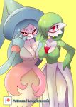  absurd_res big_breasts blush breast_squish breasts breasts_frottage duo eyewear female female/female gardevoir glasses hatterene hi_res humanoid lucyfercomic nintendo open_mouth pok&eacute;mon pok&eacute;mon_(species) red_eyes simple_background squish video_games yellow_background 