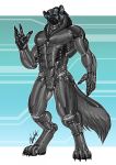  2019 4_toes 5_fingers android anthro badger blue_eyes digitigrade english_text fingers fur glistening glowing glowing_eyes grey_body grey_fur machine male mammal mustelid musteline nude rhinoking robot simple_background solo standing text toes 