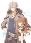  1boy 1girl aono_(aonocrotowa) armlet black_pants blue_shirt brown_hair closed_eyes closed_mouth coat collarbone crop_top eiyuu_densetsu grey_coat hair_ribbon hand_on_another&#039;s_shoulder hand_on_hip jewelry long_hair long_sleeves midriff necklace open_clothes open_coat pants rean_schwartzer red_eyes red_ribbon ribbon sen_no_kiseki shirt silver_hair simple_background smile towa_herschel twintails very_long_hair white_background 