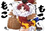  1girl :&lt;&gt; bangs basket benienma_(fate/grand_order) black_footwear blush brown_eyes brown_hair brown_headwear brown_kimono commentary_request eyebrows_visible_through_hair fate/grand_order fate_(series) hat highres holding holding_basket horn japanese_clothes kimono long_sleeves neon-tetora parted_bangs parted_lips platform_footwear simple_background sleeves_past_wrists socks solo standing standing_on_one_leg translation_request white_background white_legwear wide_sleeves 