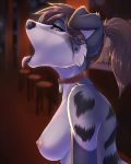  2019 anthro areola black_nose breasts brown_hair canid canine canis collar domestic_dog eyebrows eyelashes female floppy_ears hair mammal nipples open_mouth orange_eyes solo teeth tongue wyla 