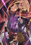  1girl 2boys :o animal_ears armor battle black_cape black_gloves blonde_hair blood blood_on_face breasts brown_hair cape cleavage collar dog_ears eye_contact eyepatch fur_trim glint gloves hair_between_eyes highres large_breasts long_hair looking_at_another motion_blur multicolored_hair multiple_boys nonette_carne open_mouth pixiv_fantasia pixiv_fantasia_last_saga pointy_ears purple_hair red_eyes red_hair rleven_drosselbart rumie spiked-hair stabbing streaked_hair sword weapon zomui_horbule 