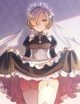  1girl apron azur_lane black_dress blonde_hair braid breasts closed_mouth collar cowboy_shot dress dress_lift expressionless frilled_apron frilled_dress frills garter_straps hair_over_one_eye highres juliet_sleeves lifted_by_self long_sleeves looking_at_viewer maid maid_headdress medium_breasts puffy_sleeves shaded_face sheffield_(azur_lane) short_hair solo thighhighs thighs white_apron white_legwear yellow_eyes yuko_(uc_yuk) 