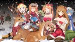  6+girls absurdres animal_costume antlers axe bag battle_axe character_request christmas dollar_bill doughnut fake_facial_hair fake_mustache fake_nose food g11_(girls_frontline) gem girls_frontline glasses hat highres kalina_(girls_frontline) multiple_girls nintendo_switch official_art playing_games reindeer reindeer_antlers reindeer_costume rfb_(girls_frontline) santa_costume santa_hat scarf scarf_over_mouth shopping_bag sleeping snow snowing stuffed_animal stuffed_toy teddy_bear weapon zas_m21_(girls_frontline) 