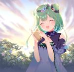  1girl bare_shoulders blue_dress blue_sleeves blush bubble_tea bug butterfly cleavage_cutout closed_eyes cup double_bun dress flat_chest flower frills green_hair hair_flower hair_ornament highres holding holding_cup hololive insect medium_hair nather open_mouth outdoors plant skull_collar uruha_rushia virtual_youtuber wide_sleeves 