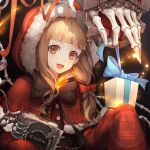  1girl :d artist_name blonde_hair blood bone book bow capelet chain christmas christmas_present commentary_request fur_trim gift hair_ornament hair_ribbon highres hood hood_up lf_(paro) little_red_riding_hood_(sinoalice) looking_at_viewer open_mouth orange_eyes ribbon sinoalice sleeves_past_wrists smile solo torture_instruments upper_teeth 